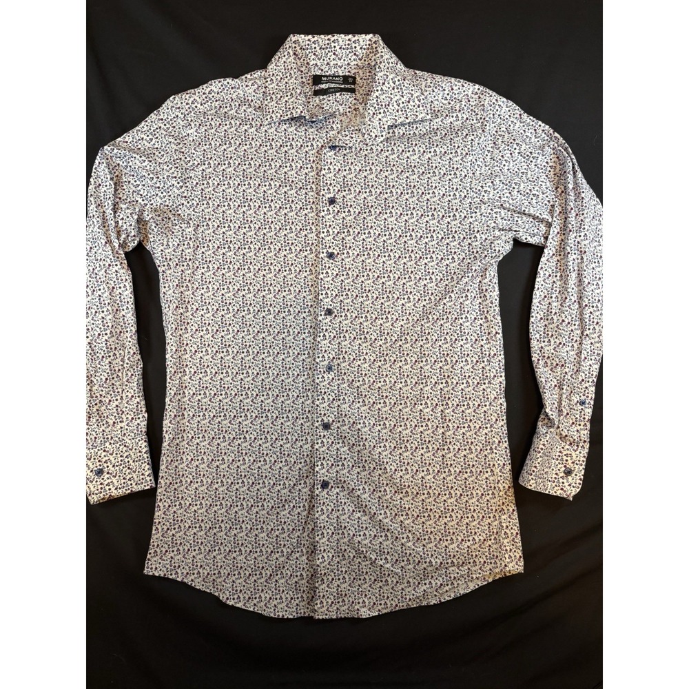 Murano White Floral Patterned Men's Stretch LS Dress Shirt, 15.5 / 34